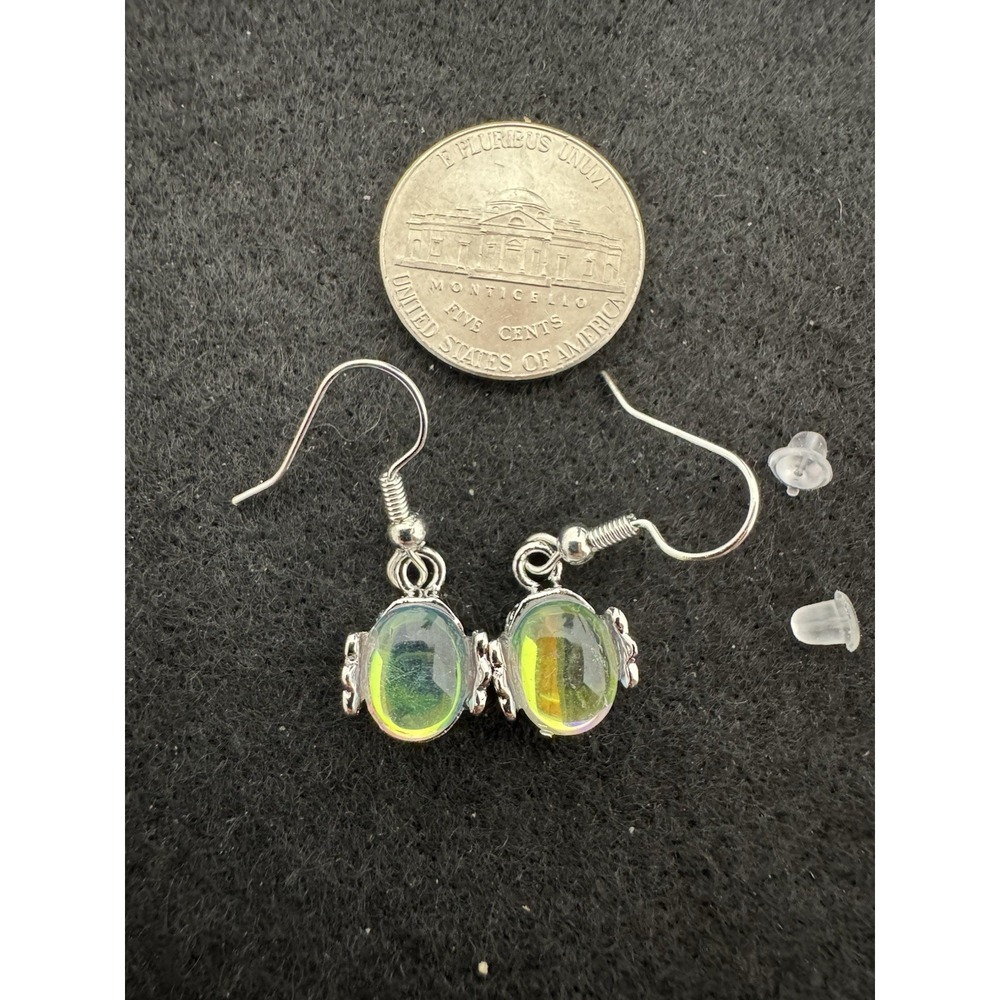 Iridescent Aurora Borealis Oval Dangle Earrings Silver Tone New